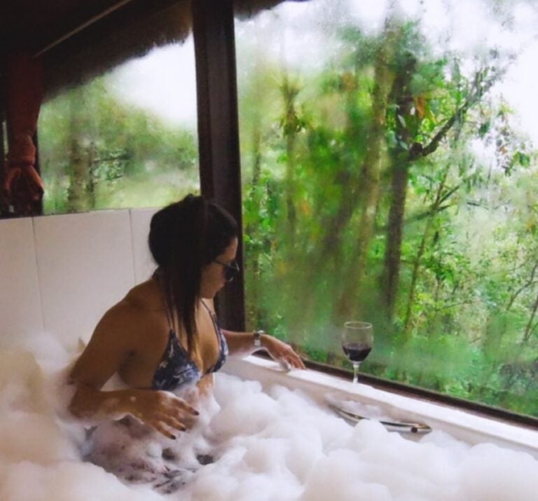 La chica en la bañera de bikini, bebiendo vino junto a una gran ventana con vista al bosque Visconde de Mauá