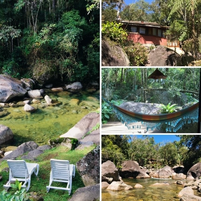 Chalé com rede e cachoeira