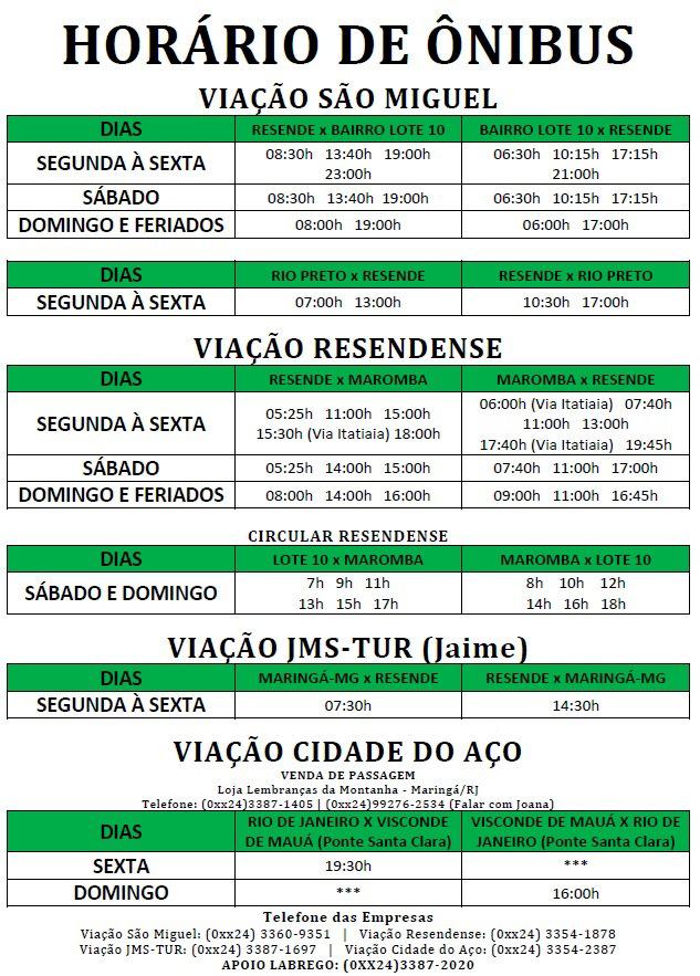 Tabela com horário dos ônibus locais para Visconde de Mauá