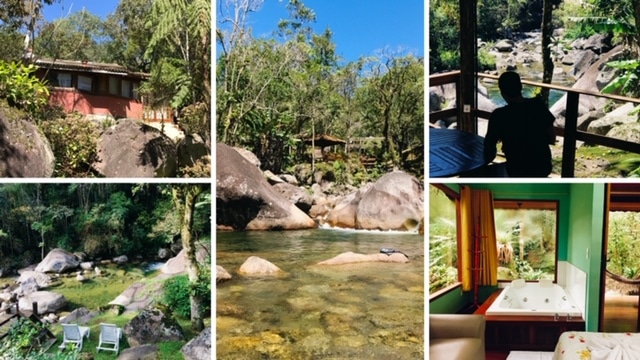 Rioatravessando o jardim do hotel em Visconde de Maua