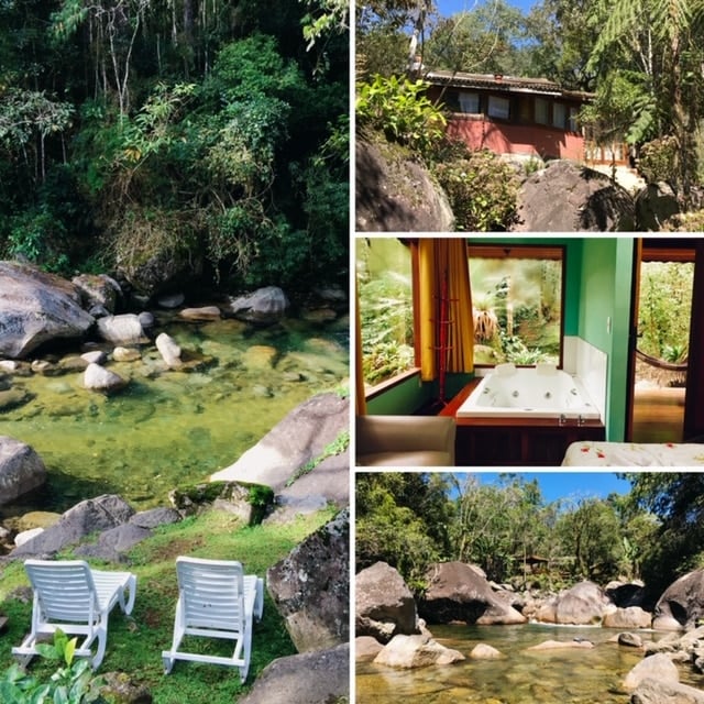 Cadeiras com capa na margem do rio de Visconde de Mau&aacute; e chal&eacute;s por fora e por dentro