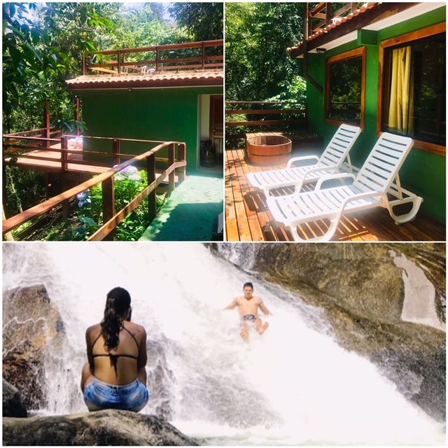 Cachoeira da pousada e moça sentada na pedra
