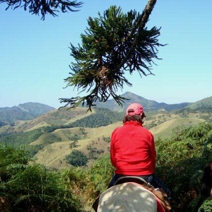 Mulher em cima do cavalo com as escarpas das montanhas de Visconde de Maua ao fundo