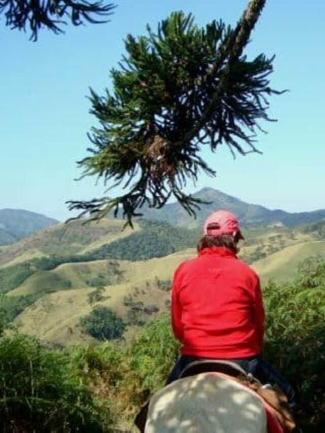 Mulher em cima do cavalo com as escarpas das montanhas ao fundo