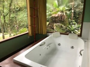 Banheira com vidra&ccedil;as com vista do jardim da pousada