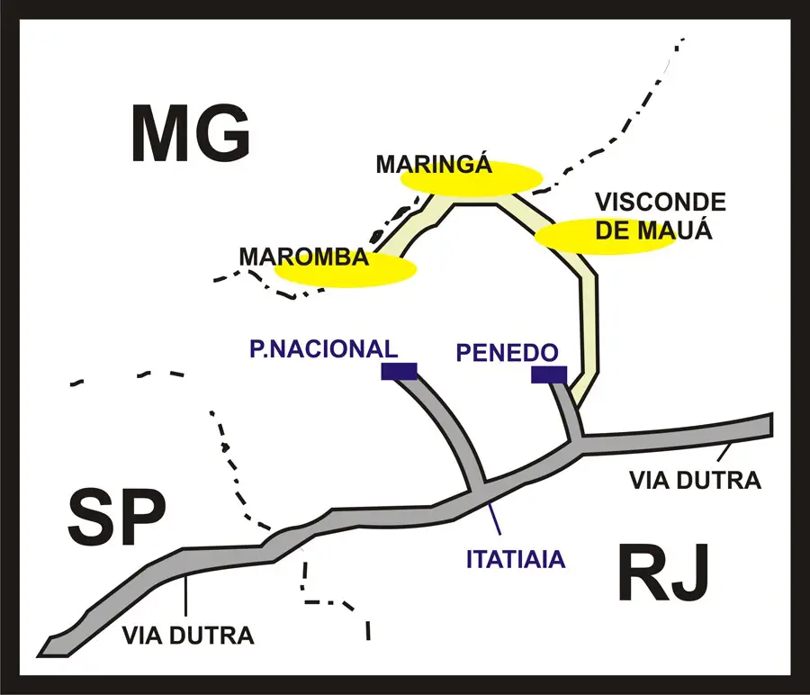 Mapa da região e suas 3 vilas: Maua, Maringá e Maromba - RJ/MG