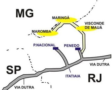 Mapa de Visconde de Maua entre os estados de Minas Gerais, Rio de Janeiro e São Paulo