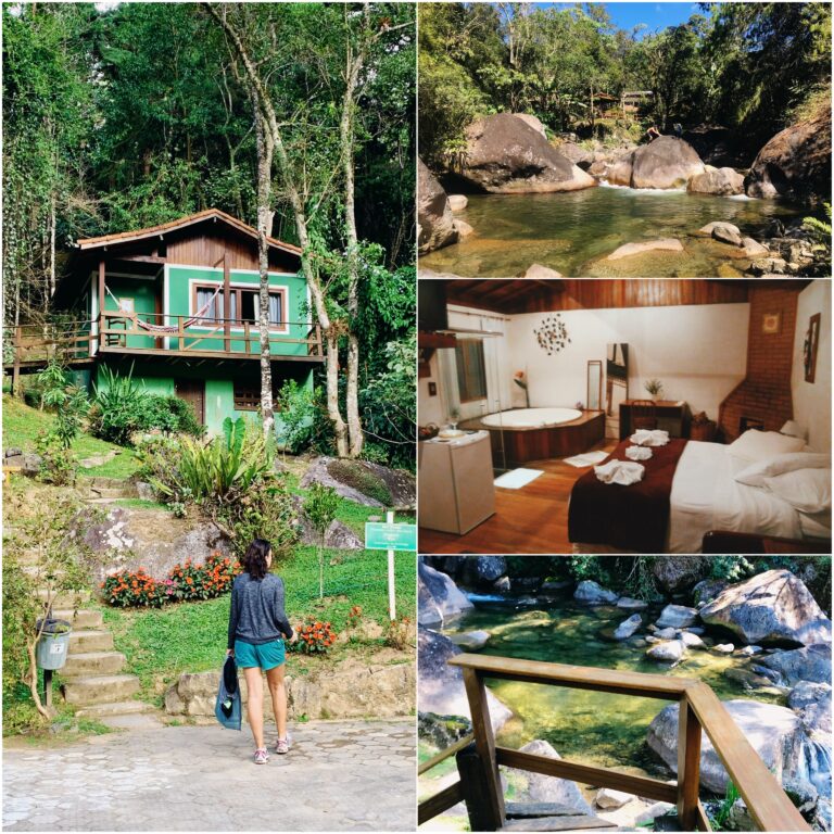 Mulher subindo as escadas para uma cabana na vila da Maromba