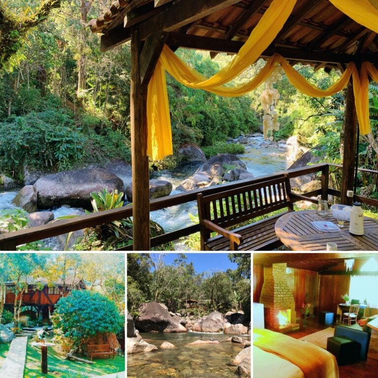 Area externa da pousada em Visconde de Maua com deck e cachoeira ao lado